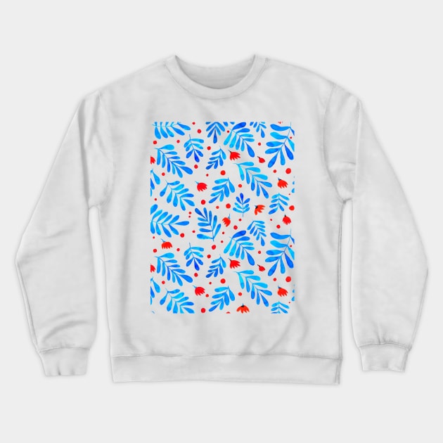 Watercolor branches and flowers - blue and orange Crewneck Sweatshirt by wackapacka